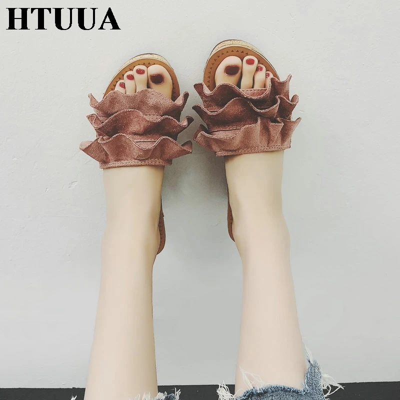 HTUUA/Новинка 2019 года Летние шлепанцы на танкетке с оборками женские платформе и