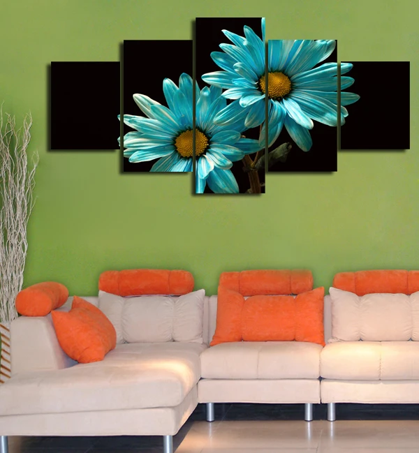 Unframed Blue Gerbera Painting 5 Panels Modern Wall Art On Canvas Beautiful Flower Printing Prints Poster | Дом и сад