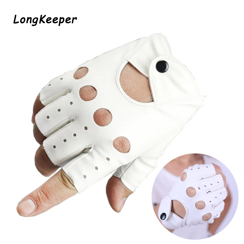 

Longkeeper Fashion Female Half Finger Gloves PU Leather Fingerless Driving Gloves For Women White Black Female Guantes Luvas