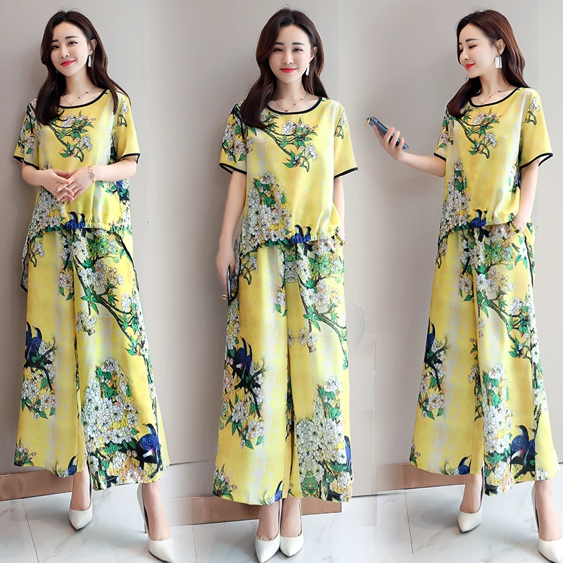 

2019 New Fashion spring Two Piece Set Women Clothes Suits Chiffon Loose Tops+Wide leg pants Women's Casual Set Suits