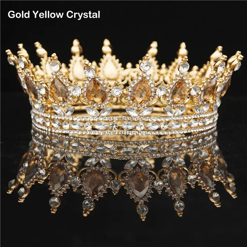 Gold Yellow Барокко Королева Король невесты тиара Корона головной убор выпускного вечера свадебные диадемы и короны Театрализованное украшение для волос аксессуары - Окраска металла: Gold Yellow