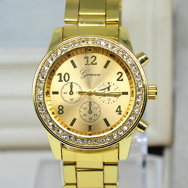 Женские кварцевые часы полностью стальные золотые серебряные Кристальные |