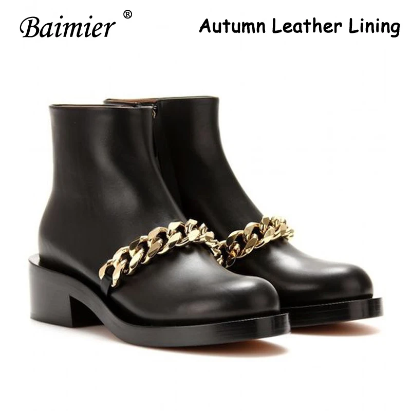 Gold Chain Boots Baimier/Роскошные Брендовые женские ботинки с золотыми и серебряными цепочками; женские ботильоны на массивном каблуке с круглым носком; теплые плюшевые женские зимние ботинки - Цвет: Gold Chain Boots