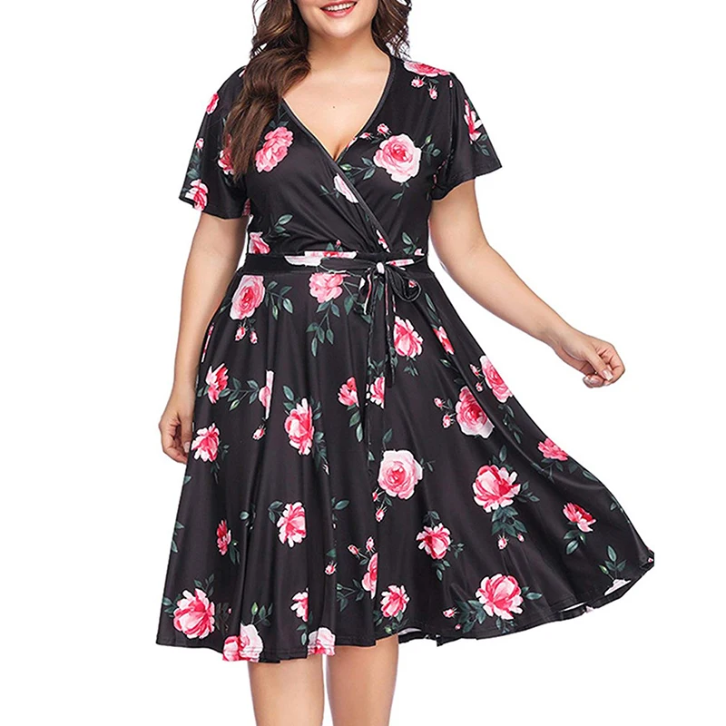 Wipalo 2019 Women Flower Leaf Print Plus Size Summer Dress Casual V Neck Short Sleeve Wrap Ladies Big 5XL Vestidos | Женская одежда