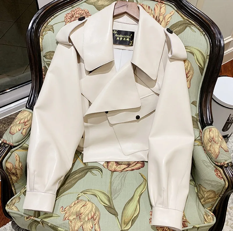 beige Новинка, Женская куртка из натуральной овечьей кожи, Короткая свободная Кожаная Мотоциклетная кожаная одежда, женская короткая куртка из натуральной овечьей кожи - Цвет: beige