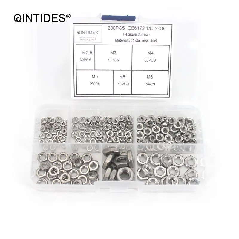 QINTIDES 200 штук шестигранные тонкие гайки M2.5 M3 M4 M5 M6 M8 304 нержавеющая сталь гайка GB6172.1 DIN439 тонкие гайки Ассорти набор