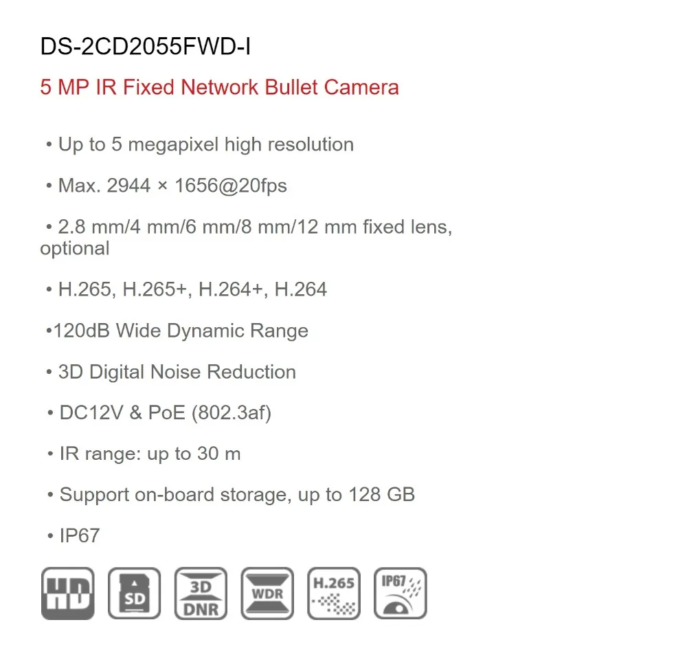 Hikvision 5MP ip-камера DS-2CD2055FWD-I Замена DS-2CD2055-I сетевая цилиндрическая камера с поддержкой бортового хранения камеры видеонаблюдения