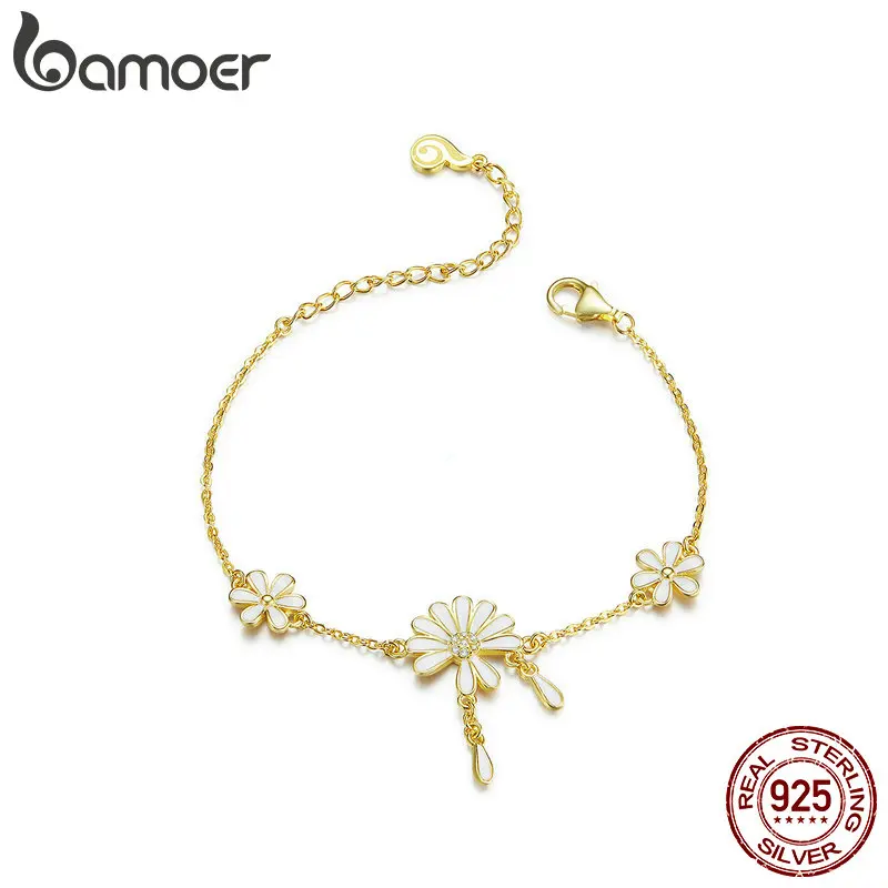 Bamoer Falling Petal Daisy bracelets для женщин, модное ювелирное изделие, белая эмаль, браслет-цепочка с цветами, серебро 925, ювелирное изделие, подарки BSB018