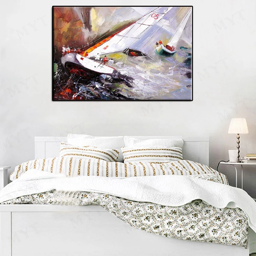 

Handpainted abstract Sailing boat in the big waves Wall art picture on canvas Oil Painting for Living Room home Decor no framed