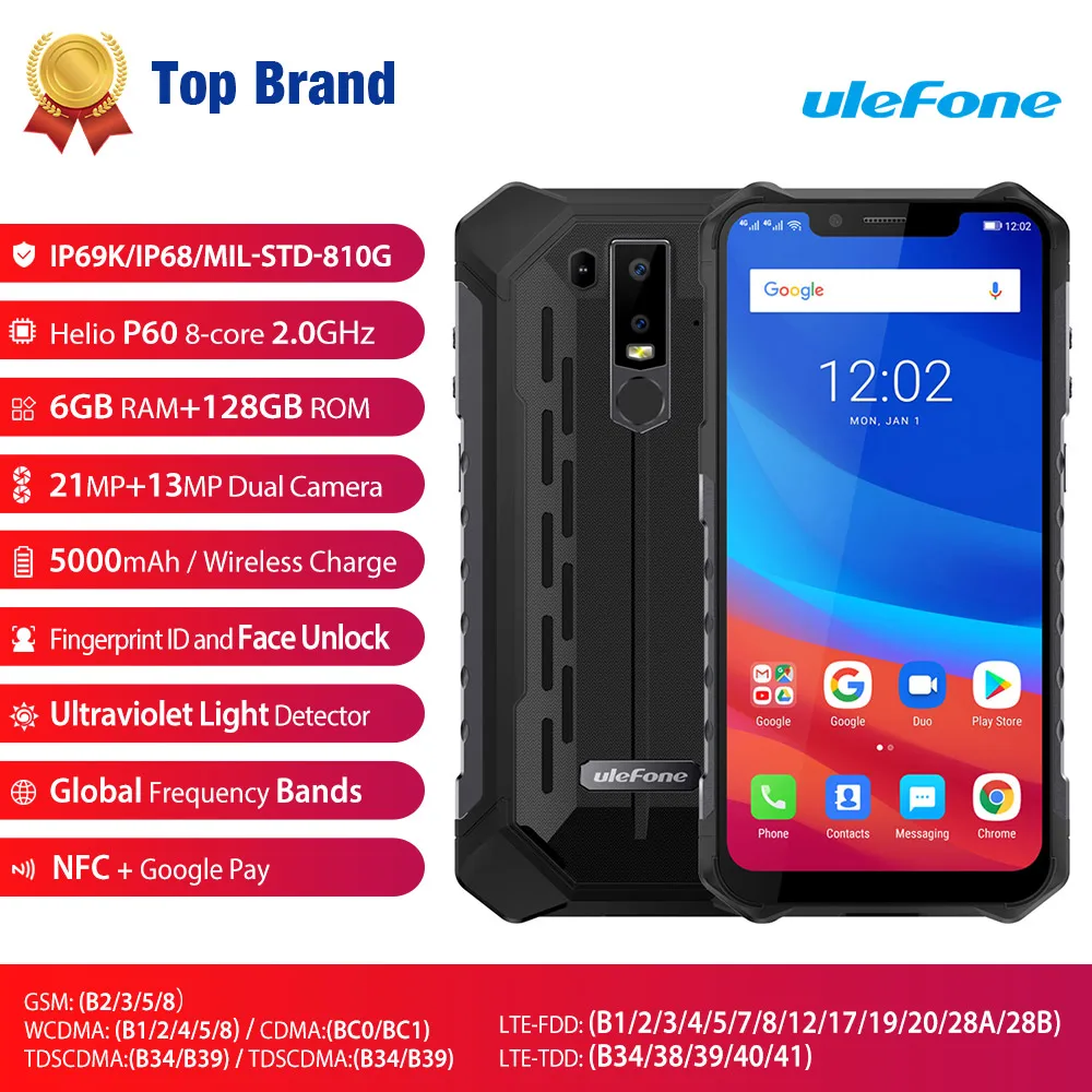 Ulefone Power 6 IP68 Водонепроницаемый мобильный телефон Android 8 1 Helio P60 Octa Core ГБ 128 Face ID NFC IP69K