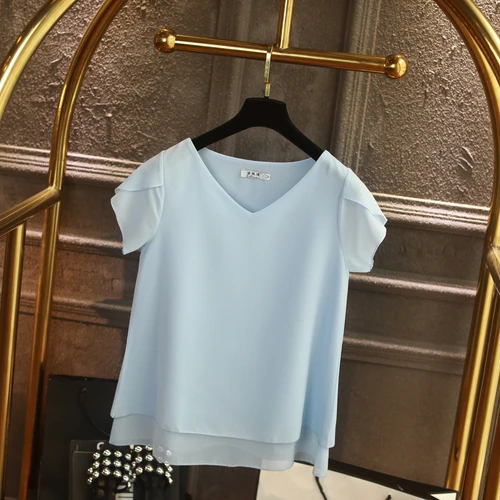 sky blue YUANYU, модная брендовая женская шифоновая рубашка,, летняя, короткий рукав, v-образный вырез, блузка, повседневная, 9 цветов, свободные, большие, женские топы - Цвет: sky blue