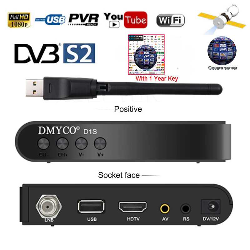 DVB S2 D1S приемник спутниковый декодер USB WIFI 1080p HD youtube Powervu ТВ 1 год Европейский
