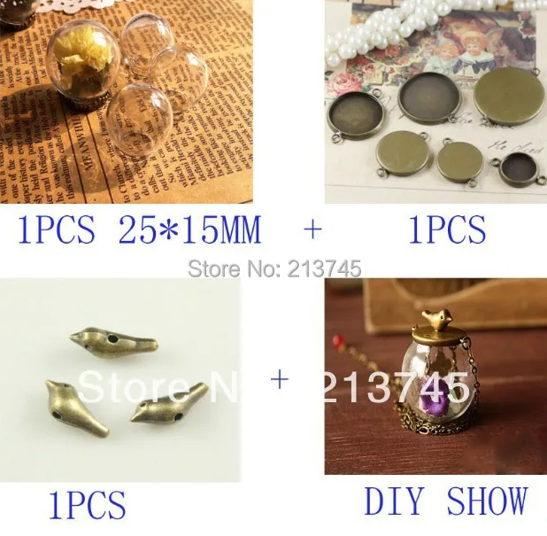 

SAILE Free ship! 50set 25*15mm glass globe with base with bird set DIY Glass Ball Dome Cover Vial Pendant