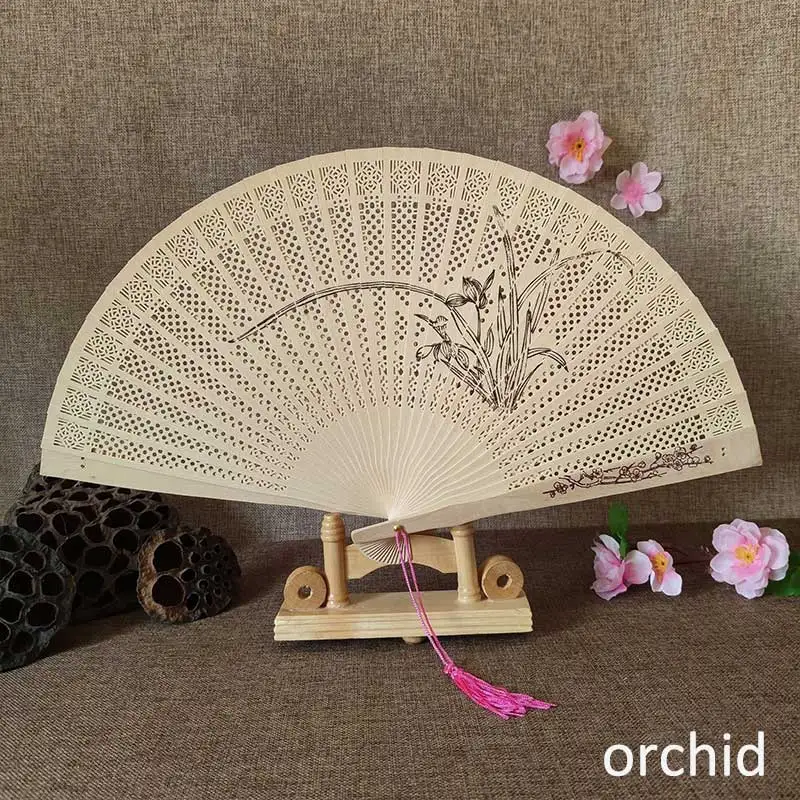 1Pcs Chinese wood carving printing Vintage antique craft fan Incense wood lady folding fan