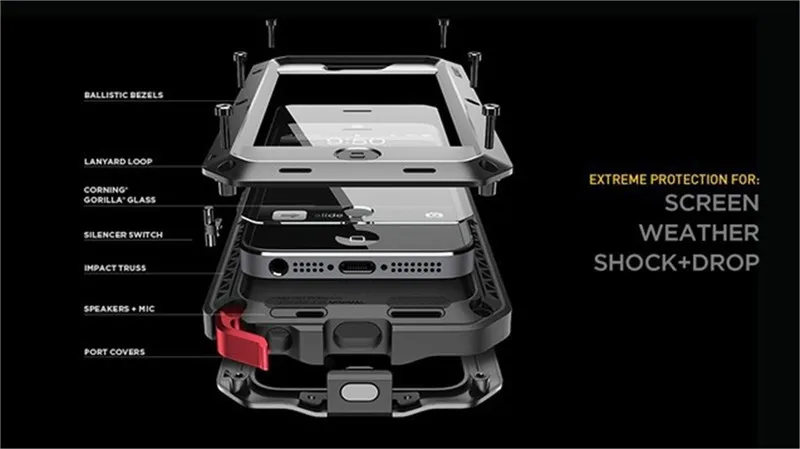 Роскошный чехол Doom armor Dirt Shock, водонепроницаемый металлический алюминиевый чехол для телефона iphone 8, 7, 5S, 5, SE, 4X6, 6S Plus, чехол+ закаленное стекло
