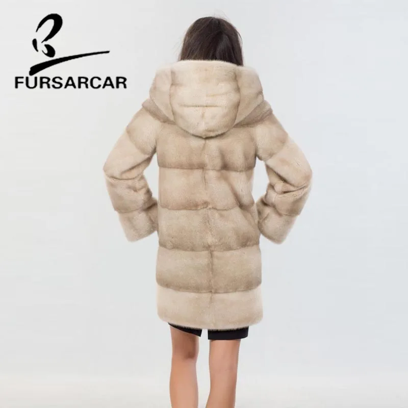 Женская Шуба из меха норки FURSARCAR зимняя шуба с капюшоном в английском стиле