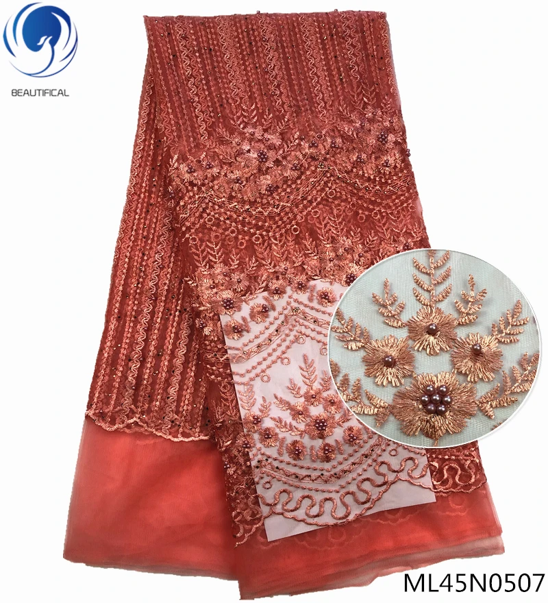 ML45N0507 BEAUTIFICAL французская красная кружевная ткань африканская вышивка кружевная ткань вышитая бисером кружевная ткань 5 ярдов/партия дешевая онлайн ML45N05 - Цвет: ML45N0507