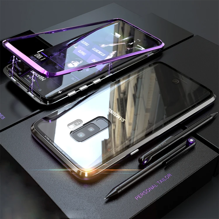 2 in 1 Magnetic Adsorption Case Clear Tempered Glass Built-in for Samsung Galaxy S9 /S9 Plus Metal Cover bumper |