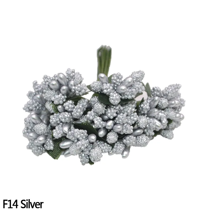 F14 Silver 12 шт. мини пластиковые искусственные тычинки цветов Свадебные украшения Diy ВЕНОК рукоделие Подарочная коробка Скрапбукинг поддельные цветы - Цвет: F14 Silver