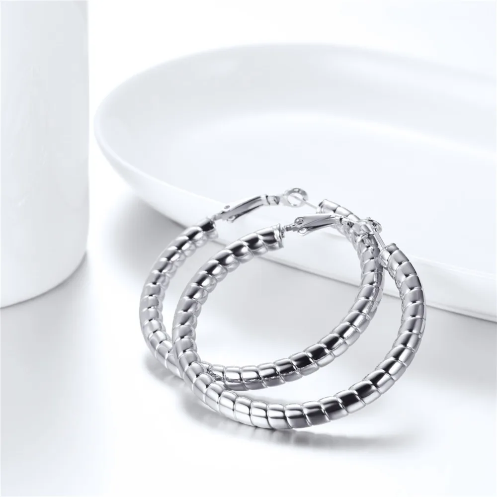 U7 Simple Earrings Round Circle 25mm / 40mm Three Color Trendy Design New Hoop Female Earring Jewelry Party Gift For Women E1014