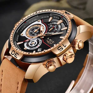 2022 LIGE Mens Watches Top Brand Luxury Casual Leather Quartz Clock Male Sport Waterproof Watch Gold in India
