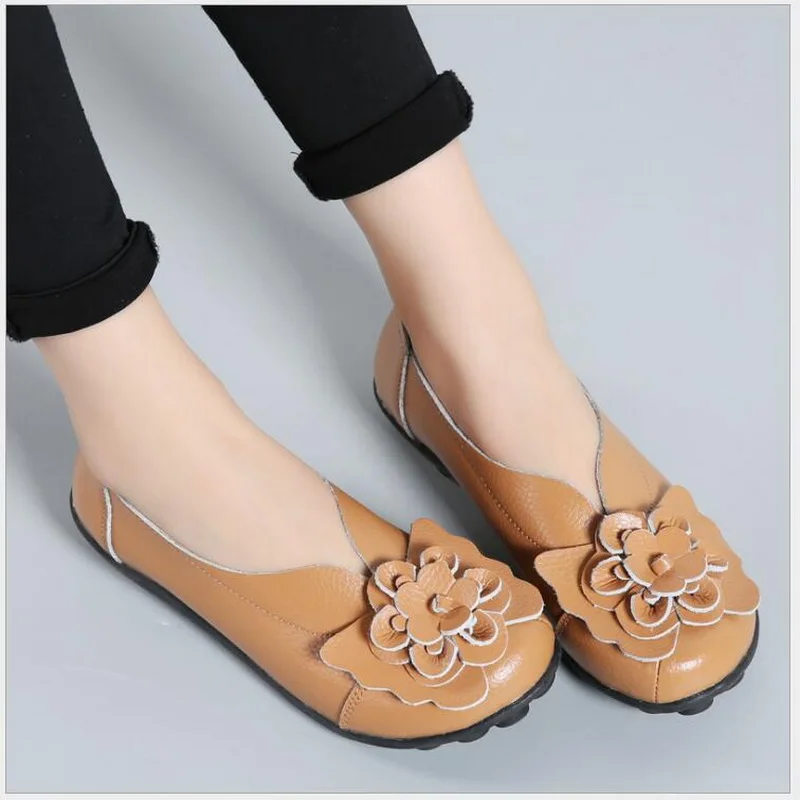 Spring Autumn Women Loafers Genuine Leather Flat Shoes Ballet Flats Round Toe Comfortable Casual Women Shoes Plus Size #35-44