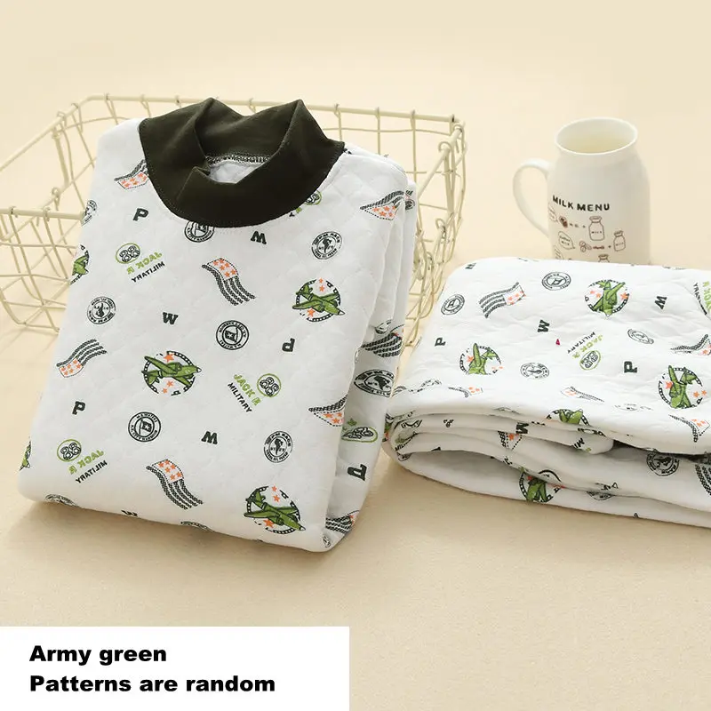 Army Green Зимняя теплая Подростковая пижама из хлопка, Детская Пижама с высоким воротником, комплект пижам с подштанниками для детей от 3 до 16 лет - Цвет: Army Green