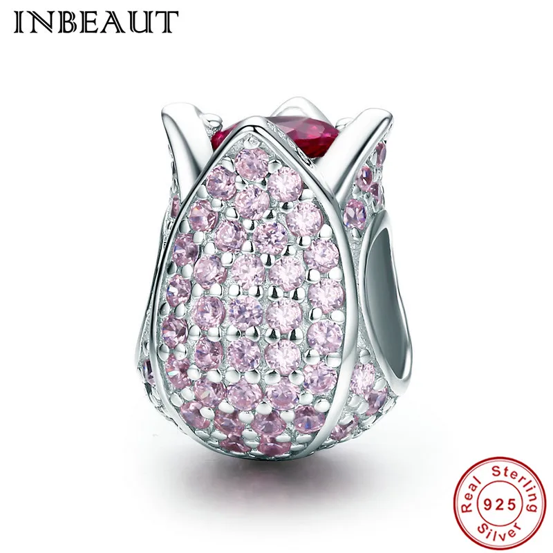 INBEAUT 100% 925 пробы серебряные милые розовые зеркальные прозрачные CZ тюльпаны