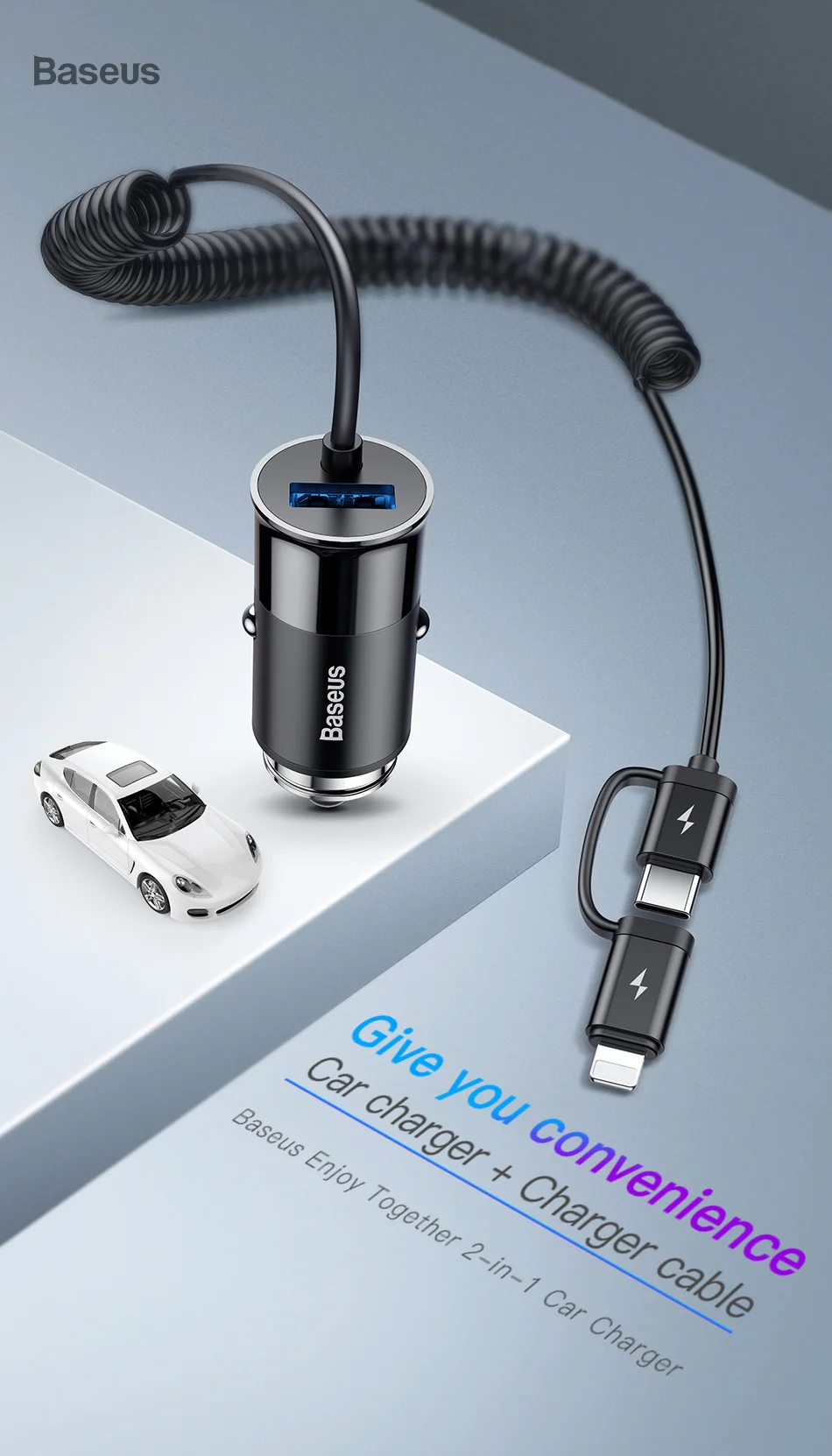 Автомобильное зарядное устройство Baseus для мобильного телефона iPhone 11 samsung 2.4A usb type C автомобильное зарядное устройство для Huawei Xiaomi и пружинный кабель