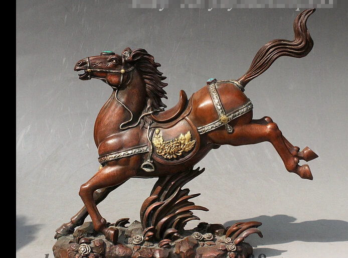 decoration bronze factory outlets Tibet Silve 11&quot China Bronze 24K Gild Silver Peony Mum Flower Run Fine Horse Horses Statue | Дом и сад