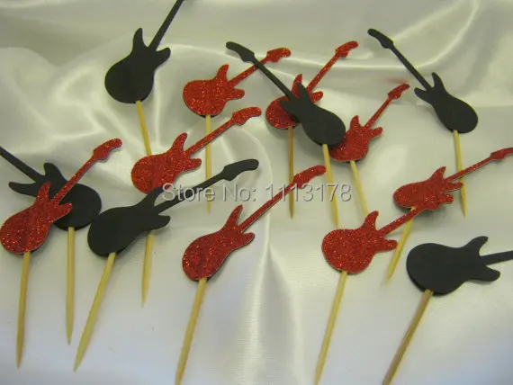 cheap cupcake picks guitars electric rock Party Decor Birthday wedding cake toppers fruit toothpicks | Дом и сад