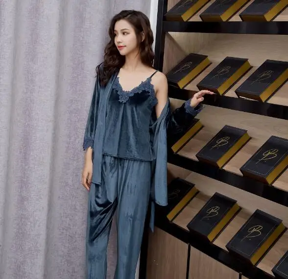 grey 3 pieces Fdfklak, сексуальный пижамный комплект из 3 предметов, женская зимняя Пижама, Золотая Бархатная теплая Пижама, Пижамный костюм, Женская домашняя одежда, пижама mujer - Цвет: grey 3 pieces