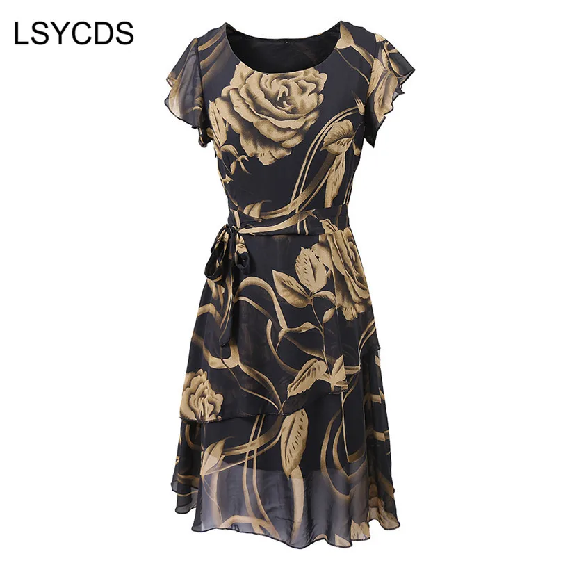 Женское шифоновое платье до колен с круглым вырезом и коротким рукавом|60s vintage