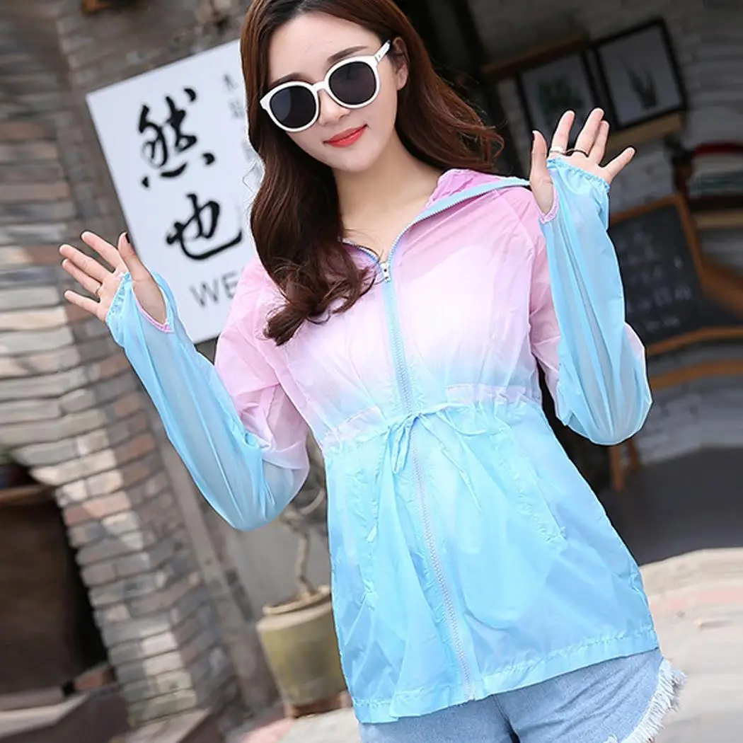 Women Casual Long Sleeve High Collar Hooded Loose Gradient Color Ultra-light Sun Protection Coat Regular | Женская одежда