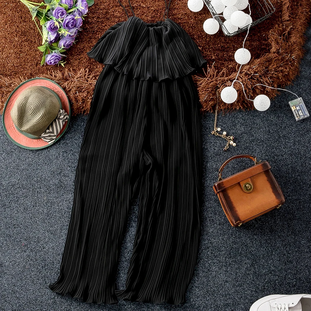 Мода 2019 Лето шифоновый комбинезон без бретелек Плиссированные однотонные