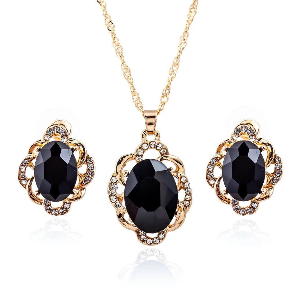 Корейская версия овальный черный имитация jewel серьги + ожерелье геометрический