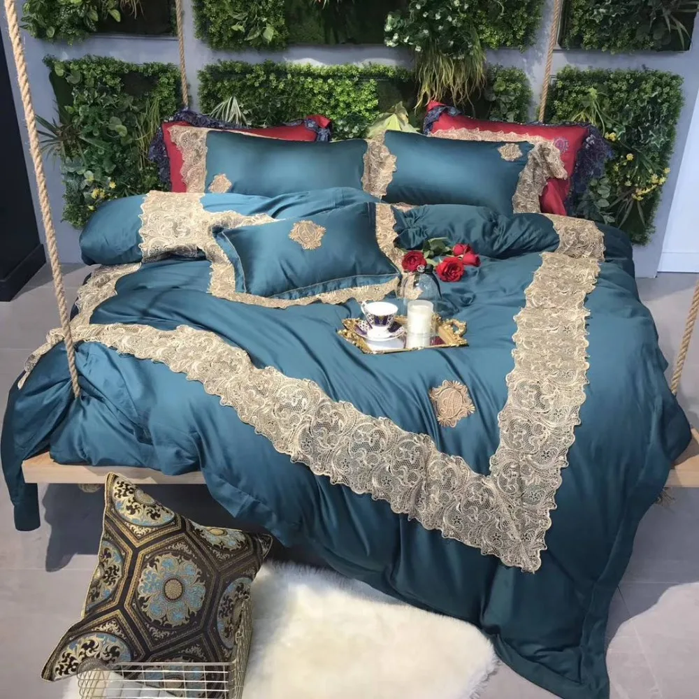 

Green Blue 100S Egyptian Cotton Luxury Embroidery Royal Bedding Set King Queen Lace Wedding Bed Sheet Cover set Duvet Cover 4pcs