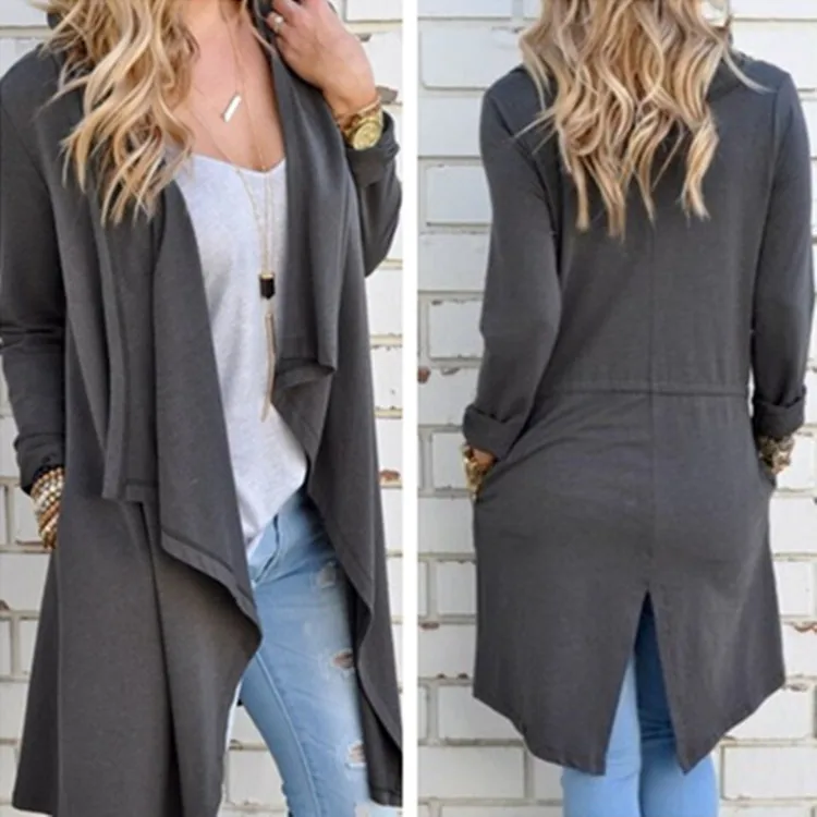 Женский однотонный легкий вязаный длинный Тренч с открытой передней частью