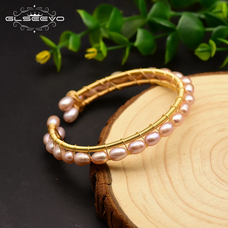 

GLSEEVO Original Natural Fresh Water Purple Pearl Bangle For Women Party Gift Adjustable Handmade Fine Jewelry Trend GB0141