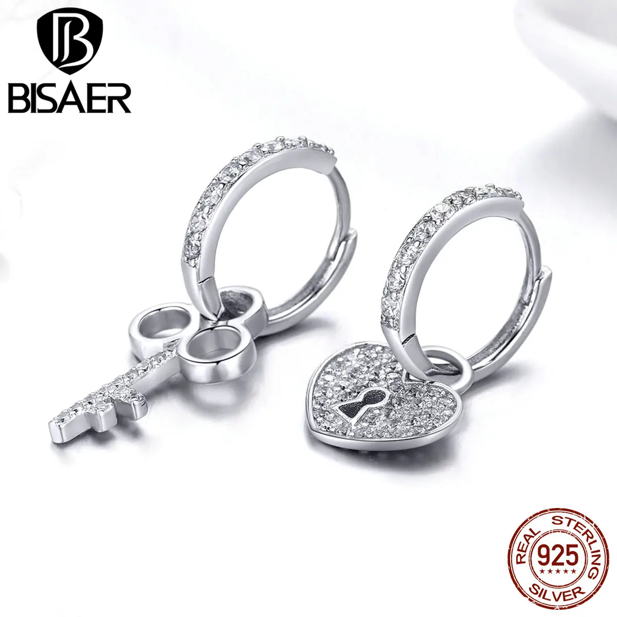 BISAER 925 пробы серебро замочек в виде сердца и ключ любовь серьги для Для женщин с