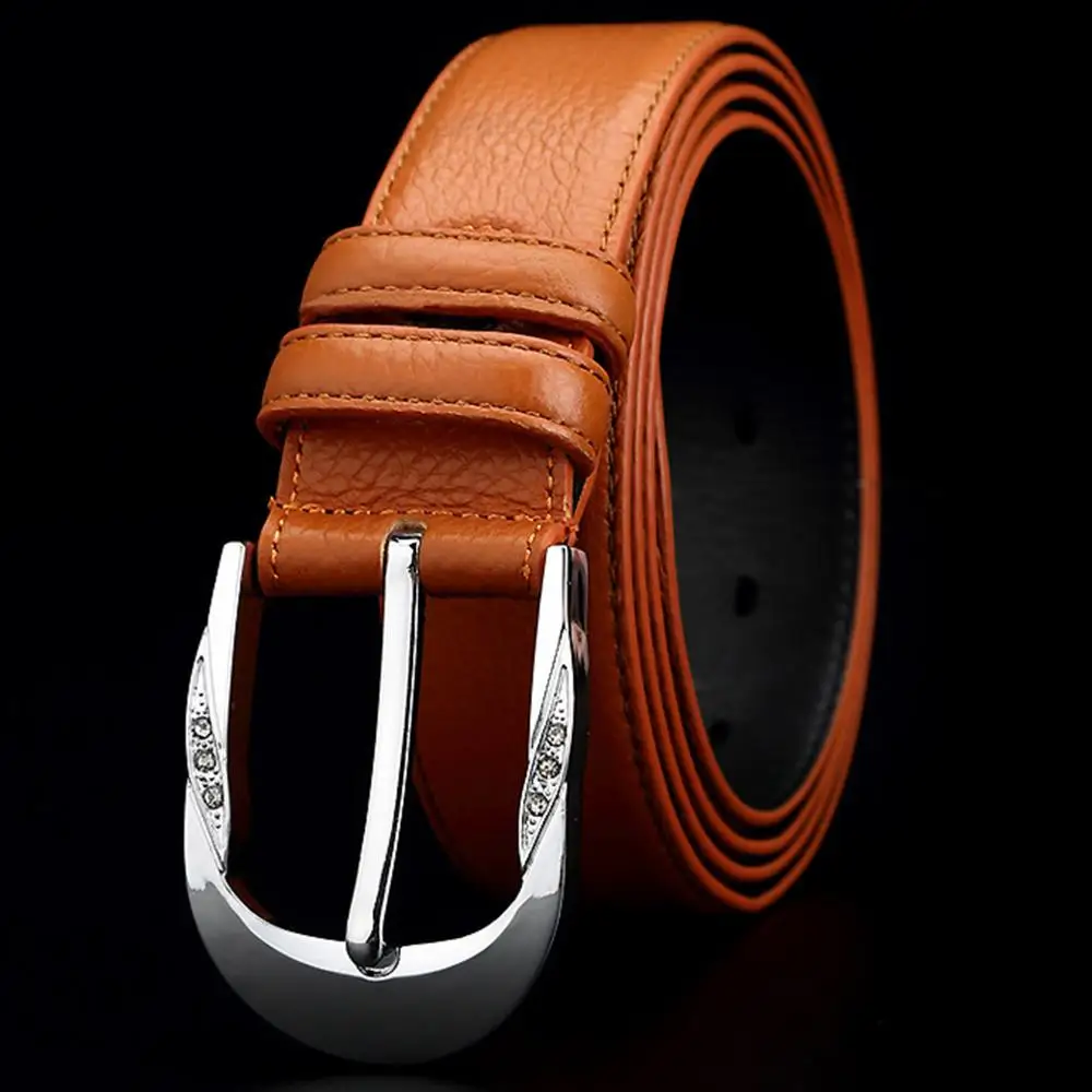 High Quality 1st Layer Cow Genuine Leather Belts Crystal Decorative Buckle Metal Metal Casual Belt Women 3.3cm FCO024