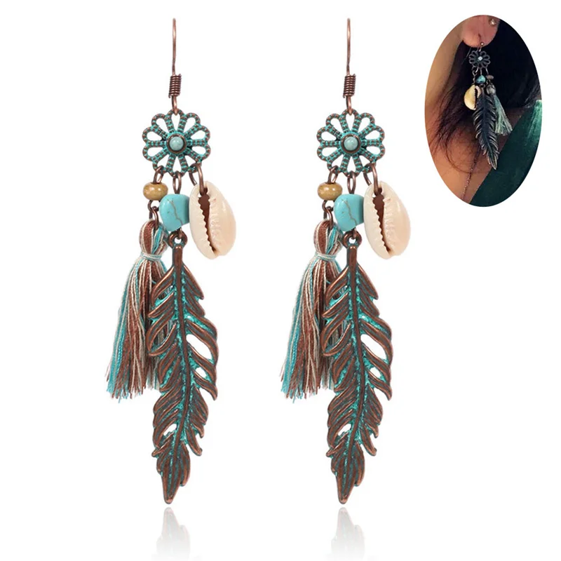 Винтажные богемные серьги подвески в виде ракушек листьев цветов зеленых