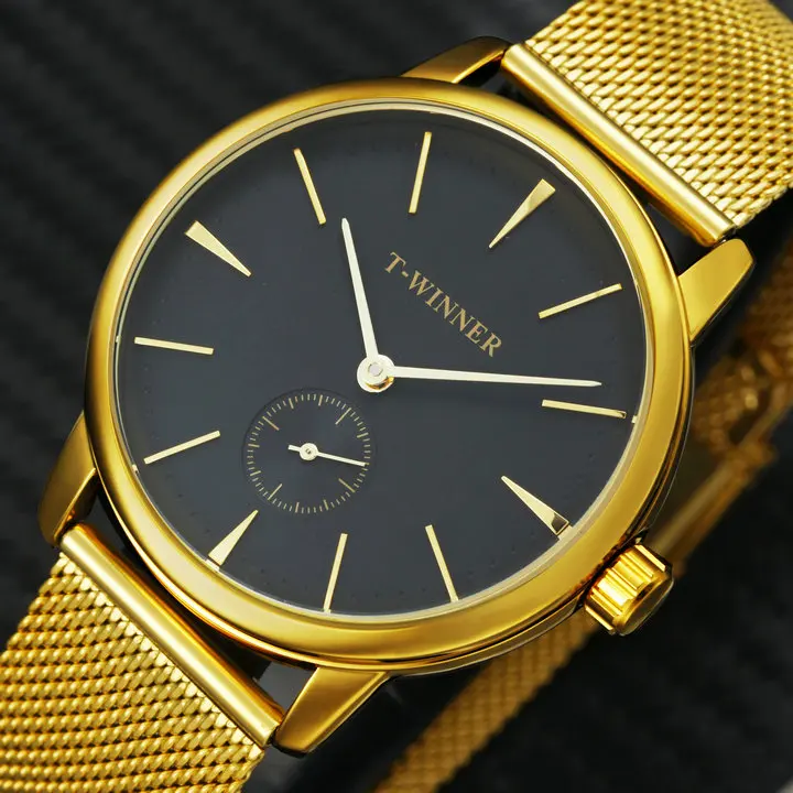 GOLD BLACK WINNER официальный Классический Бизнес Мужские механические часы лучший бренд класса люкс ультра тонкий дизайн черный сетчатый ремешок наручные часы для мужчин - Цвет: GOLD BLACK