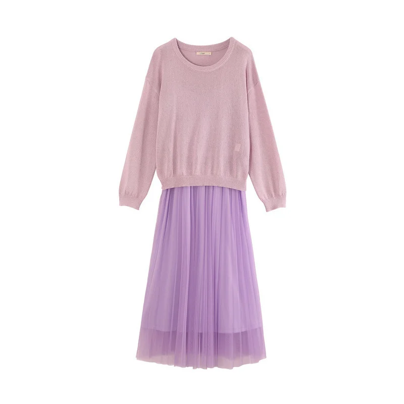 INMAN осеннее длинное женское Шерстяное Платье с круглым вырезом - Цвет: Light Purple
