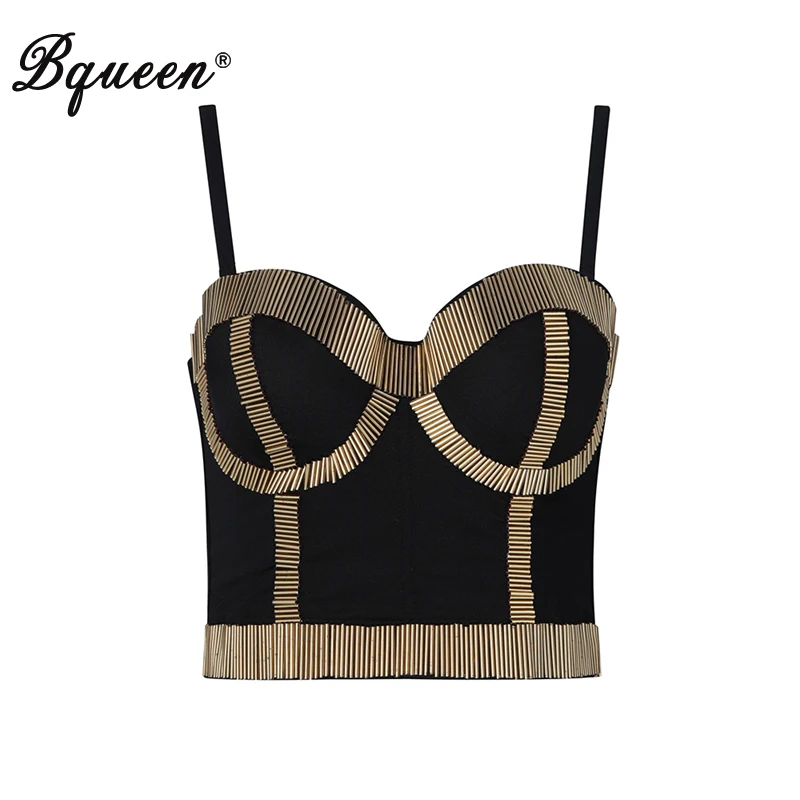 

Bqueen 2019 New Sexy Bodycon Women Summer Crop Top Spaghetti Strap Camis Top V-Neck Sequin Metal Strips Party Club Fashion Vest