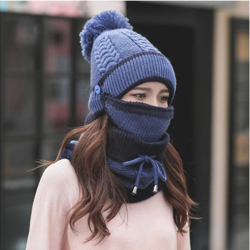 New High quality Women Thickened Winter Knitted Warm Skiing Cycling Hiking Caps Multi Functional Thermal Hats Scarf Mask Set | Спорт и