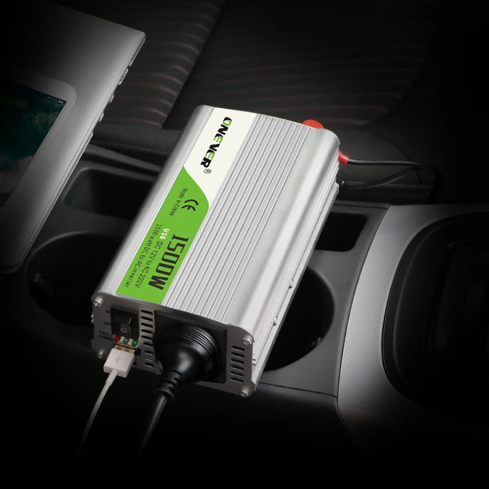 

Car Inverter 1500W DC 12V to AC 220V Power Converter with LED Indicator Light Cigarette Lighter Outlet Buzzer Alarm