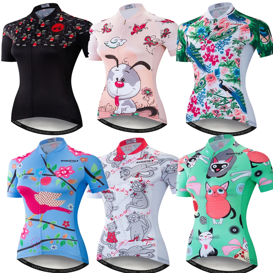 

Women Cycling Jersey Bike Shirt Sportswear Summer Short Sleeve Girl Bicycle Clothing Mtb Maillot Ciclismo Cat Owl Green Flowers