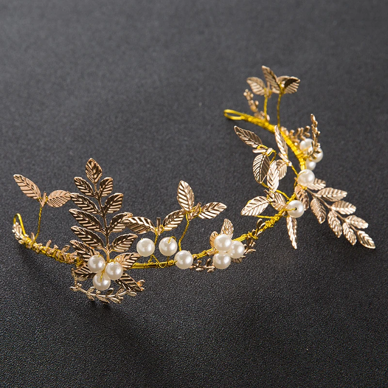 

Свадебные украшения для волос, великолепная повязка золотого цвета в виде листьев, Жемчужная Повязка на голову для невесты, свадебные аксес...