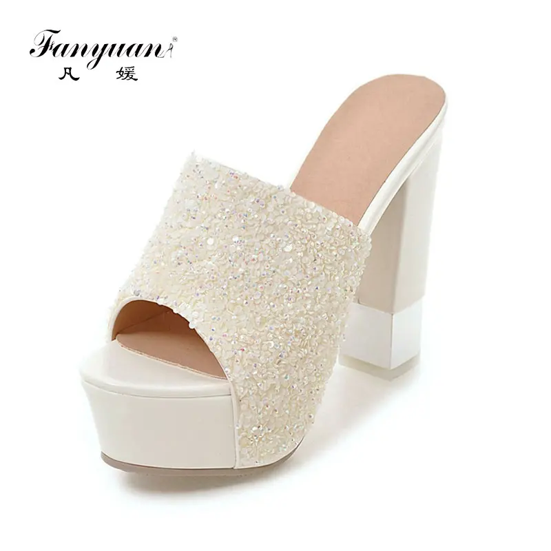 

Fanyuan Elegant Big Size 32-43 Casual slip-on Mules Women Summer Platform Glitter Party Pumps Super High Heels Shoes Woman